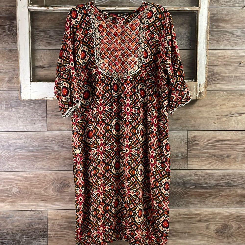 JMD Kaftan Tunic Dress Sequined Metallic Trim Southwestern Print Red Black Tan